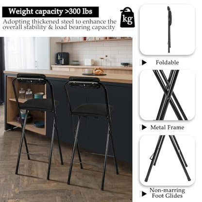 Thyle 2 Pcs Folding Bar Stool with Backrest, Tall Foldable Stool Chair Portable High Folding Bar Chair Counter Height Seat Leather Padded for Kitchen Island Shop Cafe Dining Room Black (27.5 Inch) - size: 27.5 Inch