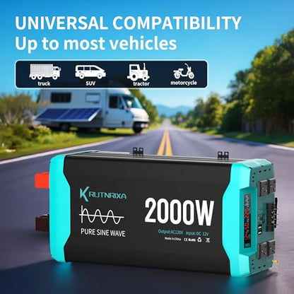 2000W Pure Sine Wave Inverter Peak 4000w 12V DC to 120V AC for RV, Truck, Off-Grid, Home, Solar Car Power Inverter with Dual AC Hardwire Port, 50A Socket, 5V 2.1A USB - size: Pure sine 2000W