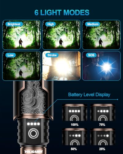 Flashlight 3000 High Lumens with Ignition Lens, Rechargeable Super Bright Zoomable LED Flash Light, 6 Mode Waterproof Handheld Powerful Tactical Flashlights for Camping Essentials Emergency - color: Black and Gold