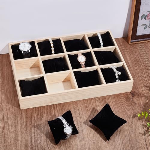 PH PandaHall 12 Slot Wooden Watch Organizer Tray Display Holder with Removable Velvet Pillows, Stackable Jewelry Bracelet Storage Tray for Drawer Showcase, Black - color: Black