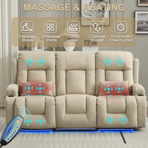 URRED Power Loveseat Recliner Sofa with Massage and Heat, Wall Hugger Reclining Loveseat with Console, RV Couch Home Theater Seating with LED Lights for Living Room (Beige, 76.8" - 3 Seats) - color: Beige, size: 76.8" - 3 Seats