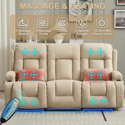 URRED Power Loveseat Recliner Sofa with Massage and Heat, Wall Hugger Reclining Loveseat with Console, RV Couch Home Theater Seating with LED Lights for Living Room (Beige, 76.8" - 3 Seats) - color: Beige, size: 76.8" - 3 Seats