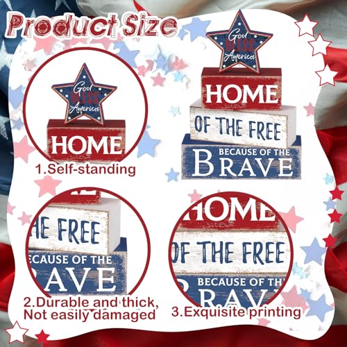 Huquary 4 Pcs 4th of July Decorations Patriotic Memorial Day Table Sign Independence Day Table Wood Decorations Red White Blue Block for Office Tiered Tray Home Shelf 250th Anniversary(Retro Star)