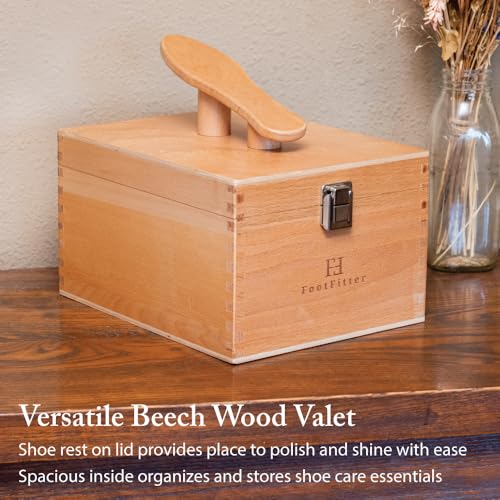 FootFitter Beech Wood Valet Box, Premium Shoe Shine Organizer with Classic Storage for Polish, Brushes, Cloths & Tools - color: Classic Creams Set