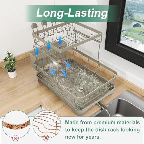 Dish Drying Rack, 2-Tier Dish Drying Rack with Utensil Holder – Large Capacity Auto-Draining Dish Drainer with Drainboard for Kitchen Counter, Grey - color: 2-tier - Grey