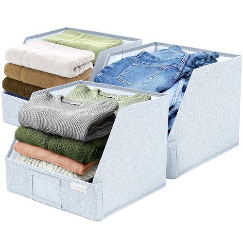 VIVIDECOR Open Front Trapezoid Closet Bins 12x12x10 – Easy Access Shelf Organizer for Folded Clothes, Fabric Storage Baskets for Sweaters, Towels, Linen – Light Blue, 3 Pack - color: Light Blue