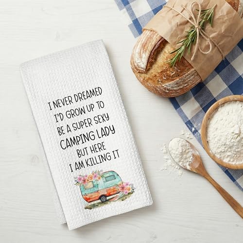 Camping Kitchen Towels 16x24 Waffle Weave, I Never Dreamed I’d Grow Up to Be a Super Sexy Camping Lady Dish Towels, Camp RV Gifts for Women, Gifts for Campers -A01 - color: Camping_01