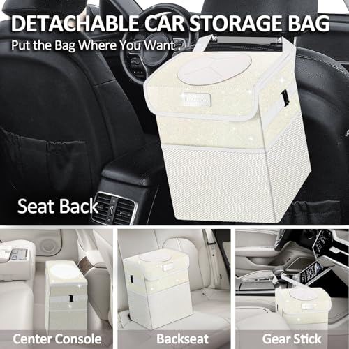 Cute Mini Car Trash Bag with Lid, Glitter Garbage Can Bin Hanging for Back/Front Seat/Console, Waterproof, Leakproof, 2.5 Gallon, Beige Cream Bling Sparkly - color: Beige Cream Bling Sparkly