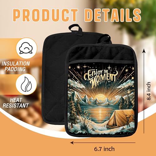 Boho Sun Starry Forest Camping Pot Holders with Pockets, Gifts for Camping Lovers, Enjoy the Moment Oven Pot Holders Heat Resistant Oven Mitts Hot Pads for Kitchen Baking Cooking - color: Campfire-a