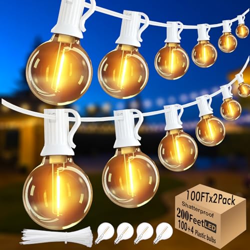 200 Feet White String Lights for Outside G40 Patio Lights Waterproof with 100+4 Replaceable Shatterproof Warm Yellow Globe Bulbs for Wedding Pergola Porch Backyard, White Cord, Linkable - color: White-2200K, size: G40 200FT