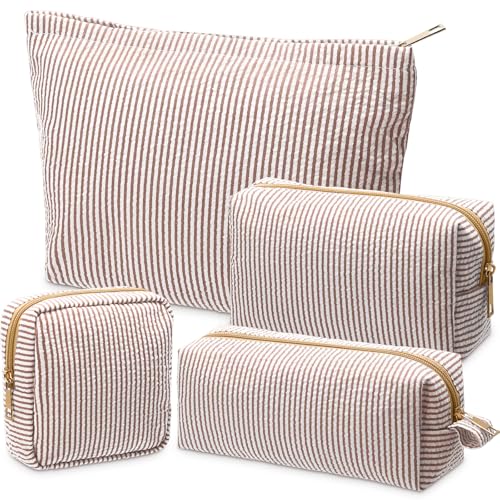 Sanwuta 4 Pcs Seersucker Pouch Cosmetic Bag Set Seersucker Makeup Bag Women Stripe Large Travel Toiletry Organizer Aesthetic Preppy Storage for Embroidery Women Bridesmaid Gifts(Khaki) - color: Khaki