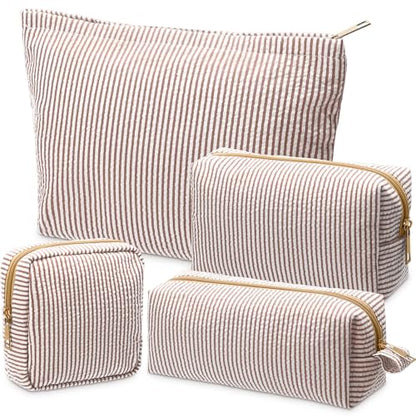 Sanwuta 4 Pcs Seersucker Pouch Cosmetic Bag Set Seersucker Makeup Bag Women Stripe Large Travel Toiletry Organizer Aesthetic Preppy Storage for Embroidery Women Bridesmaid Gifts(Khaki) - color: Khaki