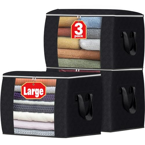 Fab totes 24 Gallons Clothes Storage, Foldable Thick Fabric Blanket Storage Bags, Containers for Organizing Bedroom, Closet, Clothing, Comforter, Organization with Handle (3 Pack,Black) - color: Black, size: 3 Pack-90l