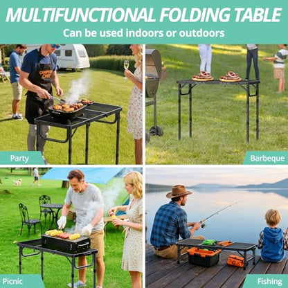 VINTEAM Folding Grill Table with Mesh Top, 3 Adjustable Heights, Lightweight Portable Camping Table, Black Aluminum Alloy BBQ Picnic Table for Outdoor Cooking, Tailgating, Beach, RV & Backyard - style: 3-Fold Mesh Tabletop