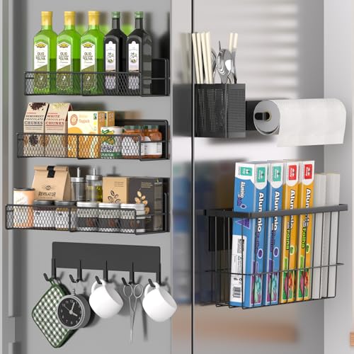 Magnetic Spice Rack for Refrigerator, 7 Pack Metal Magnetic Shelf, Moveable Magnetic Storage Fridge Organizer, Spice Organizer, Hook Rack, Paper Towel Holder, Utensils Holder, Cutting Board Holder - color: Black, style: Large 7 Pack