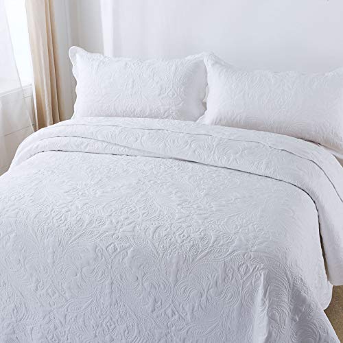 HoneiLife Quilt Set Queen Size - 3 Piece Embroidered Microfiber Bedspread Reversible Coverlet Lightweight Bedcover Paisley Pattern Bedding Set All Season Quilts-White - color: White, size: Queen/Full-90"x96"