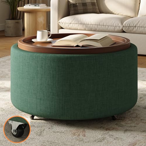 Round Storage Ottoman Coffee Table with Walnut Tray, 30'' Round Ottoman with Storage, Modern Upholstered Coffee Table with with 4 Casters for Living Room, Linen Fabric, Green - color: Green