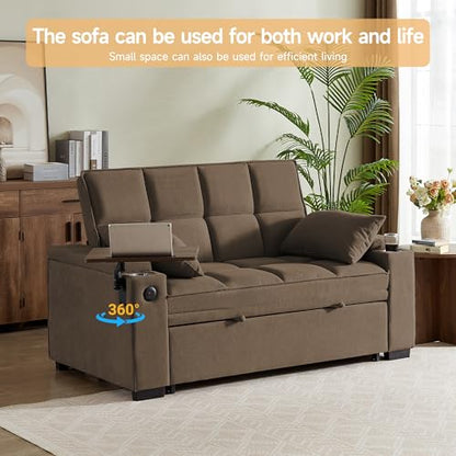 hansones 65'' 3-in-1 Folding Convertible Sofa Bed, Pullout Sofa, Modern Chenille Fabric, 360° Swivel Side Table, Easy Assembly, Perfect for Living Room(ZY-1107A-Brown)
