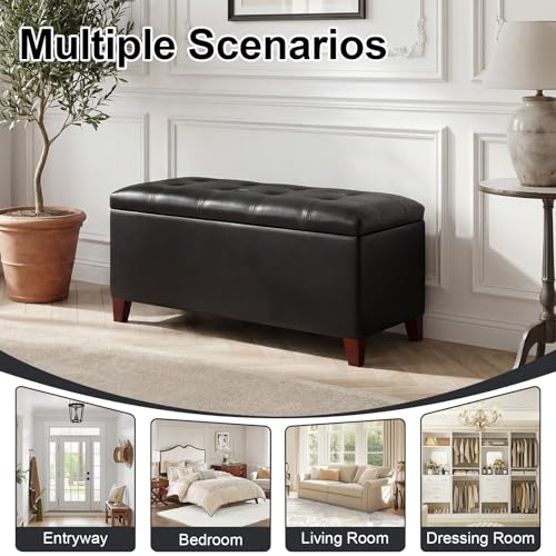 Asense Storage Ottoman Bench, 33" Faux Leather Upholstered End of Bed Bench with Safety Hinge,Wooden Legs,for Entryway Bedroom Living Room,Black - color: 33" Black Faux Leather