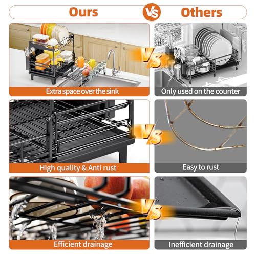 Urackify Dish Drying Rack - Extendable Dish Drainer, Large Dish Rack for Kitchen Counter, Rustproof Dish Strainer with Utensil Holder and Cups Holder, 2 Tier Black