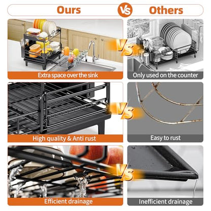 Urackify Dish Drying Rack - Extendable Dish Drainer, Large Dish Rack for Kitchen Counter, Rustproof Dish Strainer with Utensil Holder and Cups Holder, 2 Tier Black