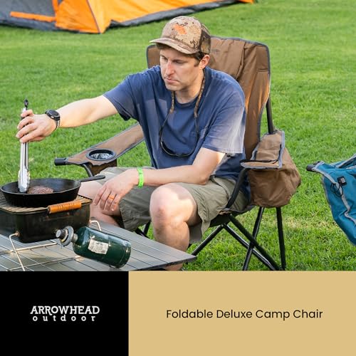 ARROWHEAD OUTDOOR Portable Deluxe Folding Camp Quad Chair w/Headrest, Glass & Cup Holders, Armest 6-can Cooler, Heavy Duty Carry Bag, 550 lbs Weight Capacity - color: Brown