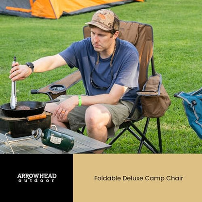 ARROWHEAD OUTDOOR 2-Pack Portable Deluxe Folding Camp Quad Chair w/Headrest, Glass & Cup Holders, Armest 6-can Cooler, Heavy Duty Carry Bag, 550 lbs Weight Capacity - color: Brown 2pack