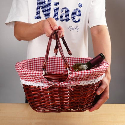 GNIEMCKIN 1 Pack 14.2 Inch Wicker Basket with Handle, Wicker Picnic Baskets with Red Checkered Liner, Oval Willow Woven Basket for Fruit, Wine, Wedding, Picnic(Brown Color) - size: 1 Pack 14.2 Inch Brown