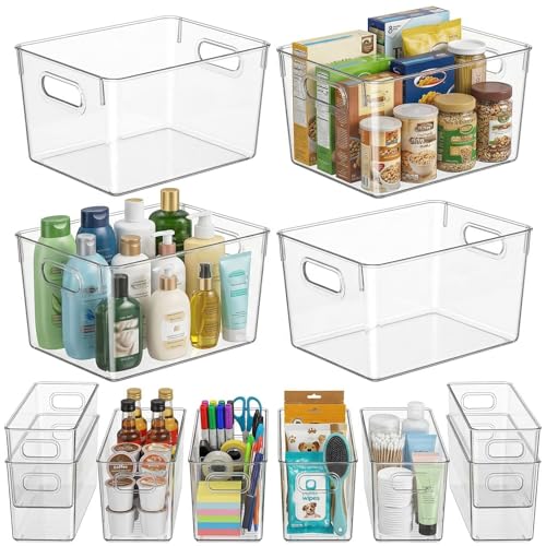 MOONEDGE Set of 12 Clear Plastic Storage Organizer Bins – 4 Large and 8 Small Nestable Space-Saving System for Under-Sink, Bathroom, Kitchen, Fridge & Cabinet Organization - color: 4 PK & Small 8 PK