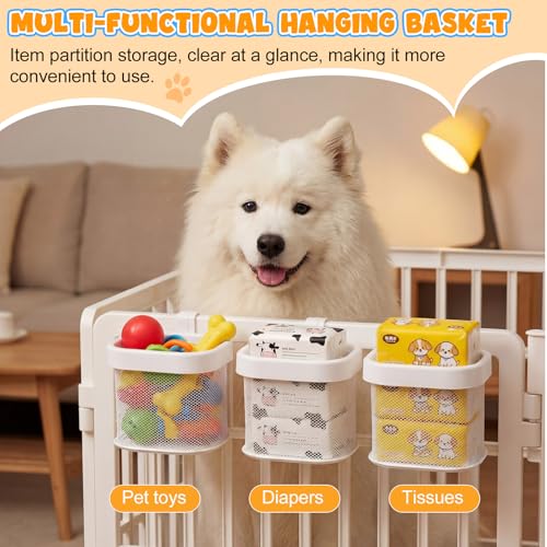 Sliner 4 Pack Dog Crate Hanging Storage Baskets Pet Fence Organizer for Toys Treats Leashes, Hook-On Mesh Basket for Indoor Outdoor Space Saving
