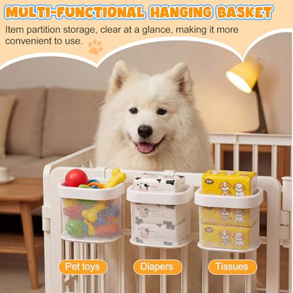 Sliner 4 Pack Dog Crate Hanging Storage Baskets Pet Fence Organizer for Toys Treats Leashes, Hook-On Mesh Basket for Indoor Outdoor Space Saving
