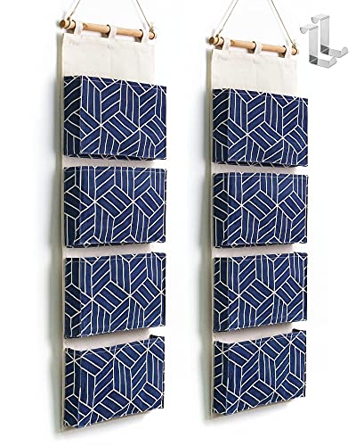 CROWNED 2Pcs Over Door Hanging Storage Bags Wall Mount Closet Organizer, 4 Big Pockets Linen Cotton Fabric Multi Functional Living Room Bedroom Bathroom File Magazine Waterproof Free Hooks Navy - color: Navy