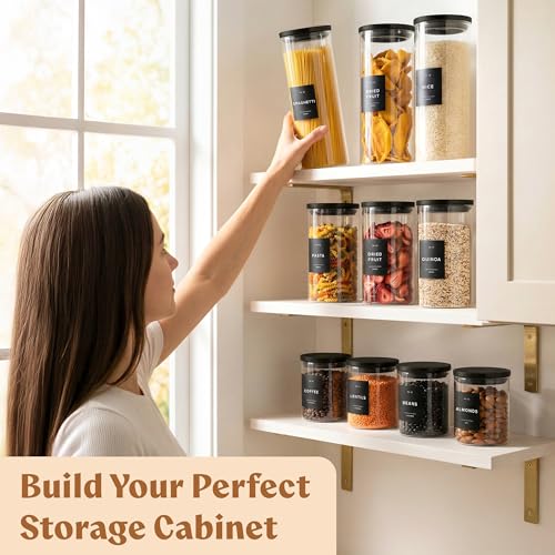 EDELHAUS Glass Storage Containers with Black Lids [4x40oz] Extra Thick Glas with 54 Labels - Canister For Pantry Noodles Flour Cereal Rice Sugar Tea Coffee Beans - Round Set - color: 4x40oz - Black Lids