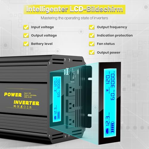 3000 Watt Modified Sine Wave Power Inverter, 12V DC to AC 110V/120V (Peak) 6000W Converter 3 Outlet Car Inverter with Remote Control and LED Display 3.4A USB Port - size: SY-12V-3000