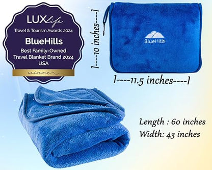 BlueHills 2-Pack Premium Soft Travel Blanket Pillow Airplane Blanket in Soft Bag Pillowcase with Hand Luggage Belt and Backpack Clip, Compact Pack Large Blankets for Any Travel Royal Blue T015 - color: Royal-2pk-t015