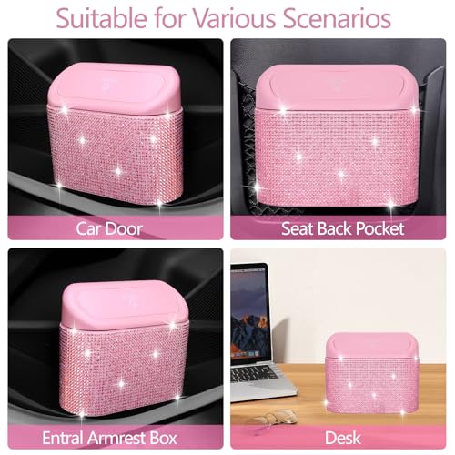NBTEPEM Bling Pink Car Trash Can with Lid - 2 Pack, Mini Auto Garbage Can with 60 Trash Bags, Automotive Garbage Container Bin, Bling Car Accessories Trash Can for Women (Pink Diamond) - color: Pink Diamond