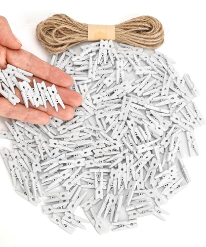 Mr. Pen- Mini Wooden Clothes Pins for Photo, 1 Inch, 200 Pack | White Small Clothespins with 10 Meter Jute Twine for Scrapbooking, Labeling Plants, Gift Tags, Tiny Crafts, Photo Display - color: White, size: 1 inch, 200 pcs