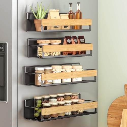 SONGMICS Strong Magnetic 4 Pack Bamboo Spice Rack for Refrigerator, Kitchen Magnetic Shelves for Washing Machine, Spice Organizers, No Drilling Needed, Ink Black UKCS062BH01 - color: Ink Black + Light Bamboo