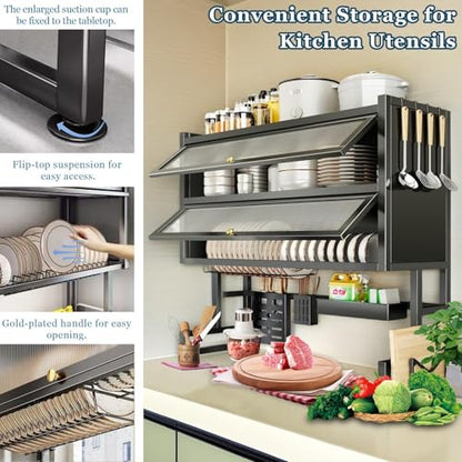 4-Tier Dish Drying Rack with Cover – Above Sink Kitchen Storage Rack, Large Space-Saving Shelf for Dishes, Glasses, Bowls & Cutlery, Black (W-40'') - size: W-41''