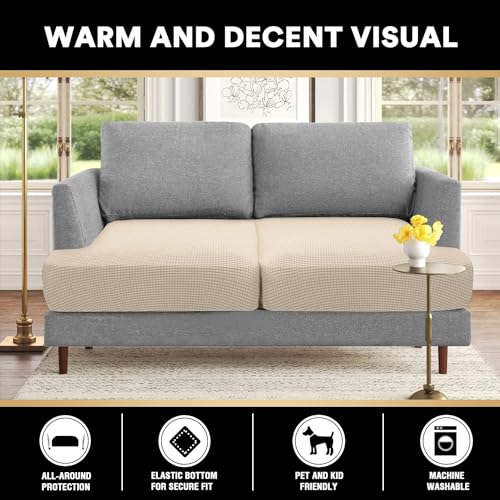 PrinceDeco Stretch T Cushion Loveseat Slipcovers Loveseat Couch Cover for 2 Cushion Sofa Seat Cover with Elastic Bottom Pets Friendly Jacquard Small Checked,Natural - color: Natural, size: 2 Cushion Sofa