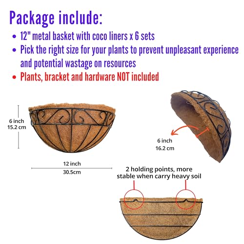 LaLaGreen Wall Hanging Planters, 6 Pack, 12 Inch Balcony Flower Baskets with Coco Liner Outside, Outdoor Vertical Garden, Fence Pots Holder Half Round Semi Circle Rail Railing Deck Porch Balcony Patio - size: 12" (30.5cm) x 6 Pack