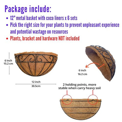 LaLaGreen Wall Hanging Planters, 6 Pack, 12 Inch Balcony Flower Baskets with Coco Liner Outside, Outdoor Vertical Garden, Fence Pots Holder Half Round Semi Circle Rail Railing Deck Porch Balcony Patio - size: 12" (30.5cm) x 6 Pack