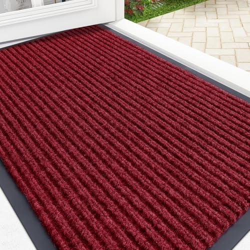 OLANLY Front Door Mat Indoor Outdoor Entrance, Waterproof Heavy Duty Doormat, Fade Resistant, Low Profile, Easy Clean Patio Porch Welcome Floor Mats for Entry, 33x21, Wine Red - color: Wine Red, size: 33" X 21"