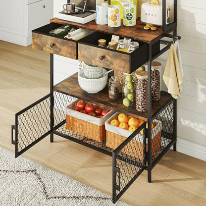 jiteentarou 64 inch Coffee Bar Cabinet with Power Outlets and Drawers,5-Tier Bakers Rack with Storage,Microwave Stand for Kitchen Industrial Coffee Bar Station with LED Lights and Hook