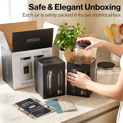 EDELHAUS 2x Large Glass Storage Containers with Airtight Black Lids [135oz/4000ml] | Extra Thick Glass Canisters for Pantry + 63 Labels | Flour Rice Cereal Sugar Coffee Beans Tea - color: 2x4000ml Black Lid