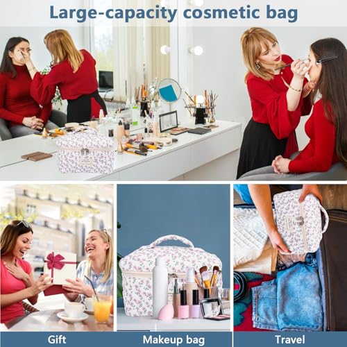 Gosect Large Makeup Bag, Cute Cosmetic Bag for Women Girls, Floral Coquette Aesthetic Toiletry Bag, Travel Make Up Organizer Bag (Purple Flower) - color: 025Purple Flower