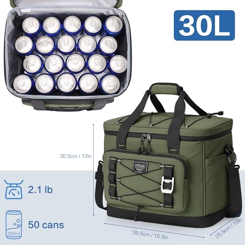 Large Insulated Cooler Bag, 50 Can Soft Sided Collapsible Ice Chest for Camping, Travel, Grocery, Kayaking & Beach (Waterproof, Leak-Proof, 30L) - color: Army Green