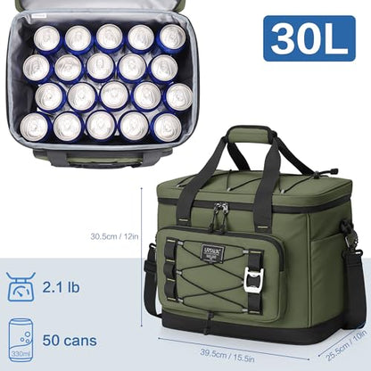 Large Insulated Cooler Bag, 50 Can Soft Sided Collapsible Ice Chest for Camping, Travel, Grocery, Kayaking & Beach (Waterproof, Leak-Proof, 30L) - color: Army Green