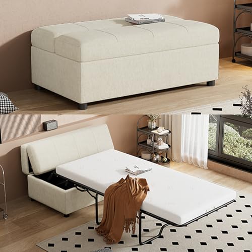 46" Ottoman Folding Bed, Twin Size Convertible Ottoman Pull Out Bed with Memory Mattress, Foldable Sofa Beds Dual Use Guest Sleeper Couch for Living Room Bedroom Guest Room, RV (White+Chenille) - color: White+chenille