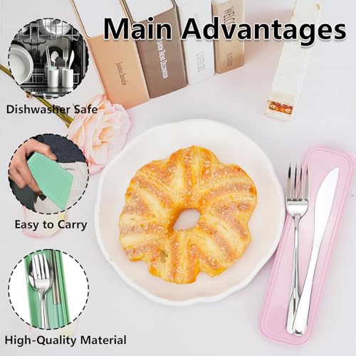 JEPELUS 2 Pcs Travel Utensils with Case, Reusable Lunch Box Silverware Set for Adult, Stainless Steel Cutlery Set Include Fork Spoon Knife Chopsticks Case for Work Camping Office School (Pink+Green)